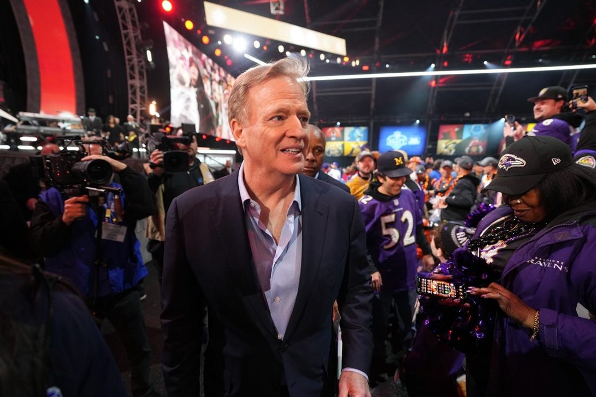 Apr 25, 2024; Detroit, MI, USA; NFL commissioner Roger Goodell walks through the crowd during the 2024 NFL Draft at Campus Martius Park and Hart Plaza. Mandatory Credit: Kirby Lee-USA TODAY Sports
