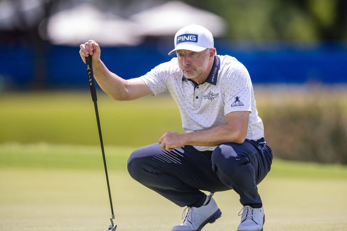 Apr 26, 2024; Avondale, Louisiana, USA; David Skinns lines up a putt on the 18th green during the second round of the Zurich Classic of New Orleans golf tournament. Mandatory Credit: Stephen Lew-USA TODAY Sports