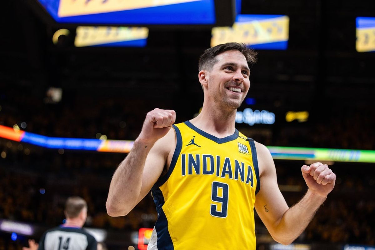 Apr 26, 2024; Indianapolis, Indiana, USA; Indiana Pacers guard T.J. McConnell (9) celebrates the win after game three of the first round for the 2024 NBA playoffs against the Milwaukee Bucks at Gainbridge Fieldhouse. Mandatory Credit: Trevor Ruszkowski-Imagn Images