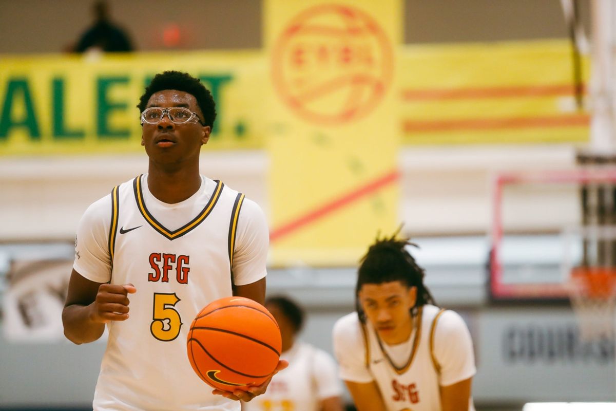 Team SFG’s Bryce James (5) prepares to shoot a free throw against Team Boo Williams during the Nike Elite Youth Basketball League session one on Friday, April 26, 2024 at the Memphis Sports & Event Center in Memphis, Tenn.