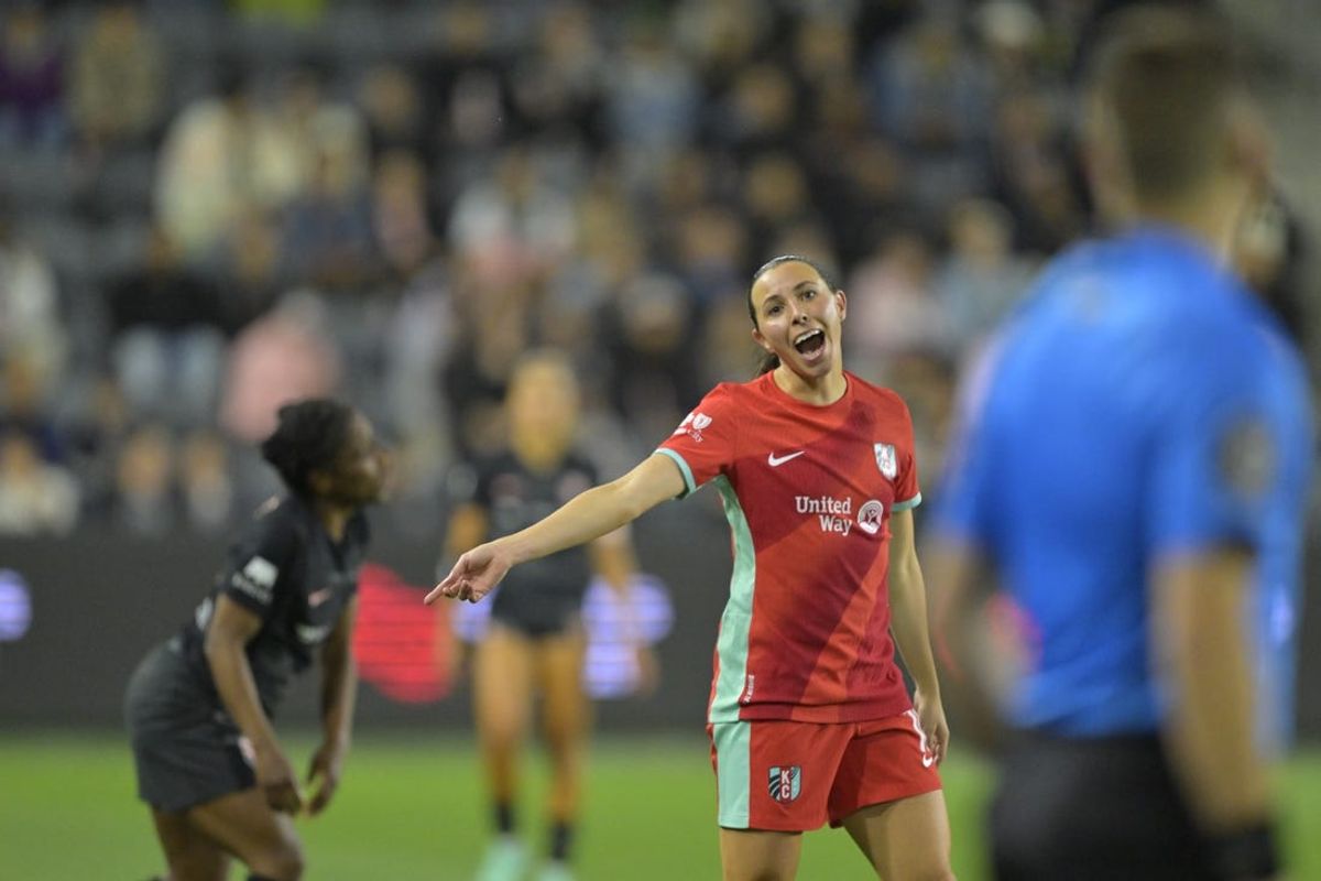 Apr 26, 2024; Los Angeles, California, USA; Kansas City Current midfielder Lo'eau LaBonta (10) reacts in the first half against Angel City FC at BMO Stadium. Mandatory Credit: Jayne Kamin-Oncea-USA TODAY Sports