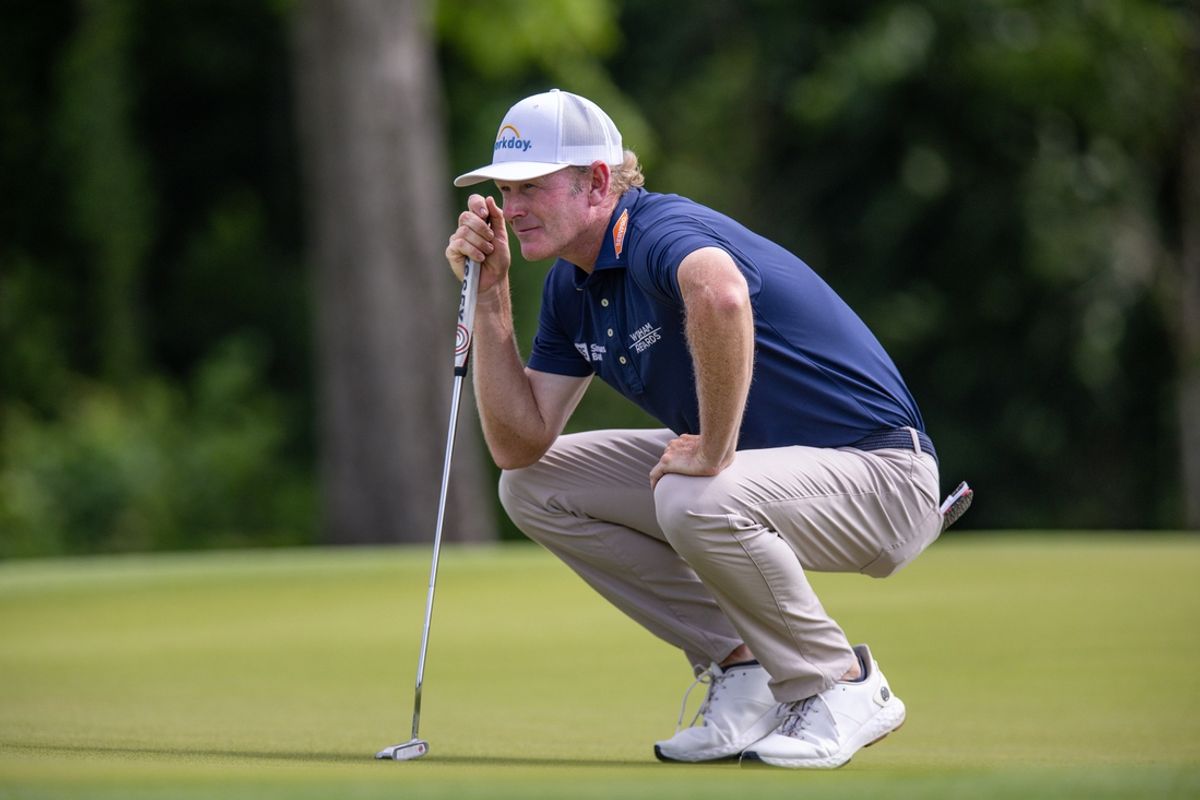 Apr 27, 2024; Avondale, Louisiana, USA; Brandt Snedeker lines up a putt on the tenth green during the third round of the Zurich Classic of New Orleans golf tournament. Mandatory Credit: Stephen Lew-Imagn Images