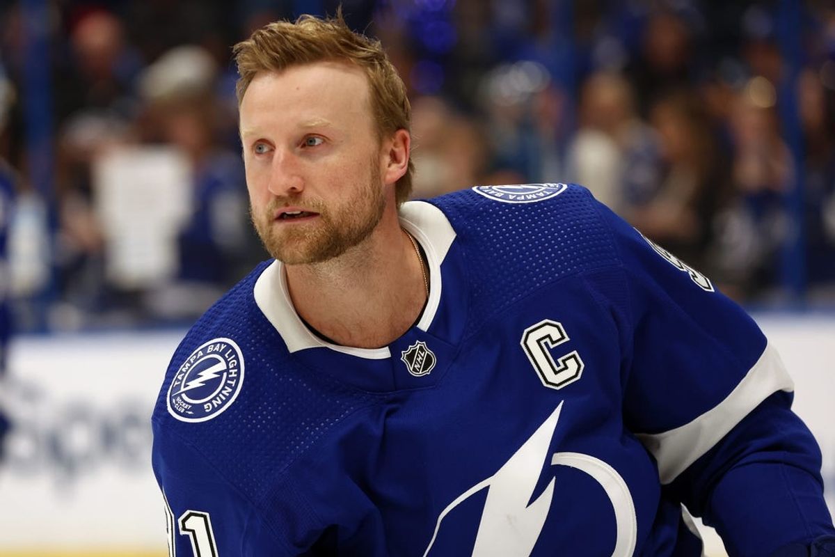 Apr 27, 2024; Tampa, Florida, USA; Tampa Bay Lightning center Steven Stamkos (91) warms up against the Florida Panthers in game four of the first round of the 2024 Stanley Cup Playoffs at Amalie Arena. Mandatory Credit: Kim Klement Neitzel-USA TODAY Sports