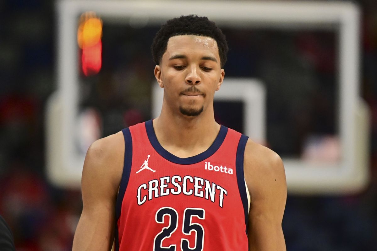 Apr 27, 2024; New Orleans, Louisiana, USA; New Orleans Pelicans Guard Trey Murphy III (25) walks down the court against the Oklahoma City Thunder  during fourth quarter of game three of the first round for the 2024 NBA playoffs at Smoothie King Center. Mandatory Credit: Matt Bush-Imagn Images