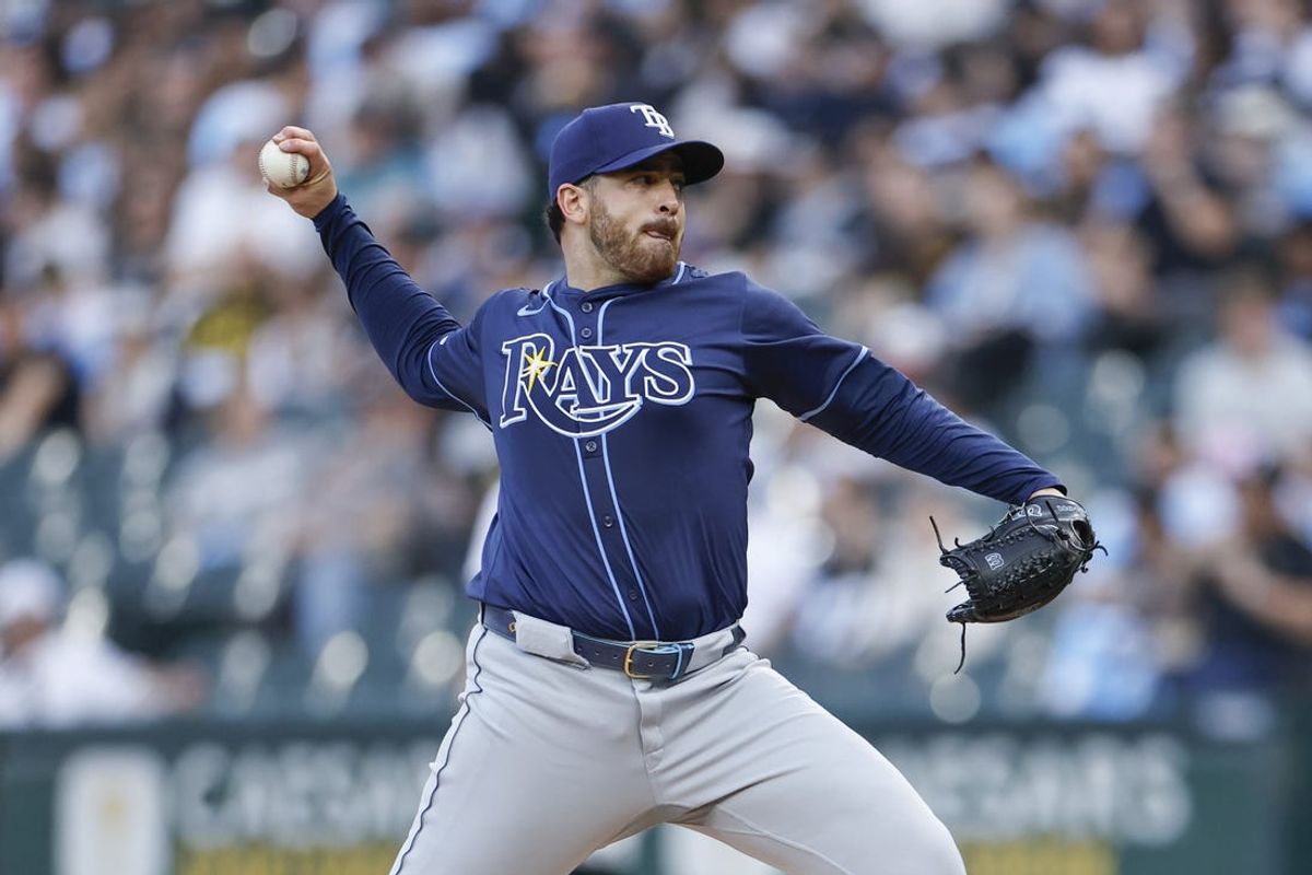 Apr 27, 2024; Chicago, Illinois, USA; Tampa Bay Rays starting pitcher Aaron Civale (34) delivers a pitch against the Chicago White Sox during the first inning at Guaranteed Rate Field. Mandatory Credit: Kamil Krzaczynski-USA TODAY Sports