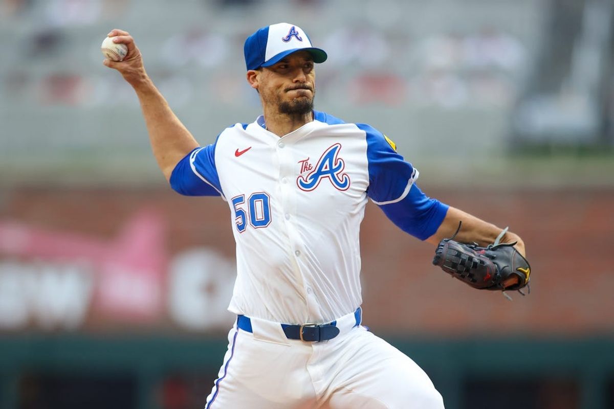 Apr 27, 2024; Atlanta, Georgia, USA; Atlanta Braves starting pitcher Charlie Morton (50) throws against the Cleveland Guardians in the first inning at Truist Park. Mandatory Credit: Brett Davis-USA TODAY Sports