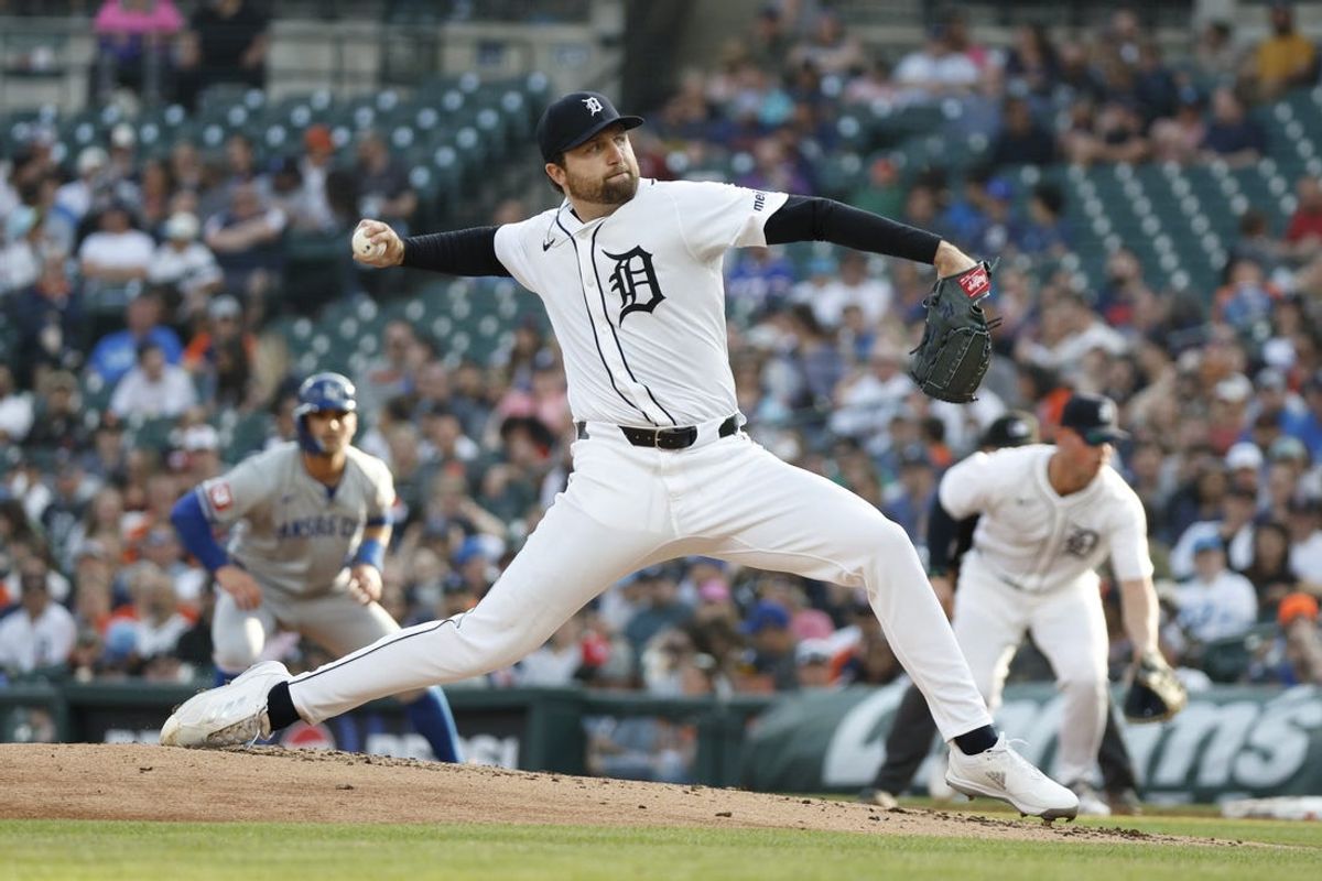 Apr 27, 2024; Detroit, Michigan, USA; Detroit Tigers pitcher Casey Mize (12) throws during the second inning against the Kansas City Royals at Comerica Park. Mandatory Credit: Brian Bradshaw Sevald-USA TODAY Sports