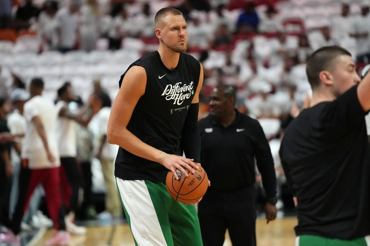 Apr 27, 2024; Miami, Florida, USA; Boston Celtics center Kristaps Porzingis (8) warms-up before game three of the first round for the 2024 NBA playoffs against the Miami Heat at Kaseya Center. Mandatory Credit: Jim Rassol-USA TODAY Sports