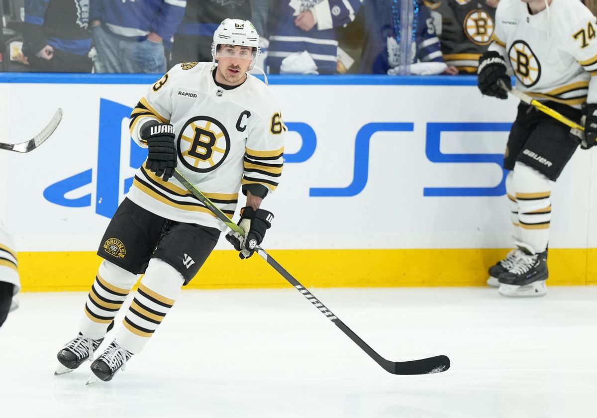 Apr 27, 2024; Toronto, Ontario, CAN; Boston Bruins left wing Brad Marchand (63) skates during the warmup before game four of the first round of the 2024 Stanley Cup Playoffs against the Toronto Maple Leafs at Scotiabank Arena. Mandatory Credit: Nick Turchiaro-USA TODAY Sports