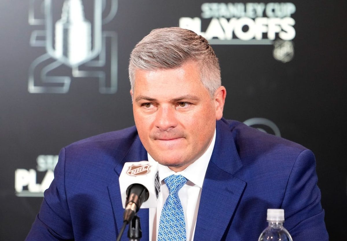 Apr 24, 2024; Toronto, Ontario, CAN; Toronto Maple Leafs head coach Sheldon Keefe listens to a question from the media following a loss to the Boston Bruins in game three of the first round of the 2024 Stanley Cup Playoffs at Scotiabank Arena. Mandatory Credit: John E. Sokolowski-USA TODAY Sports