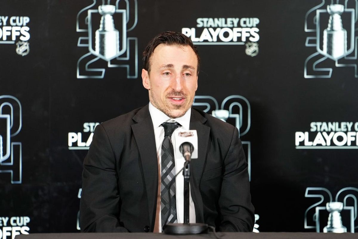 Apr 24, 2024; Toronto, Ontario, CAN; Boston Bruins forward Brad Marchand talks to the media during press conference after a win over the Toronto Maple Leafs in game three of the first round of the 2024 Stanley Cup Playoffs at Scotiabank Arena. Mandatory Credit: John E. Sokolowski-USA TODAY Sports
