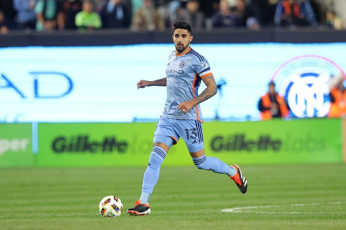 Apr 27, 2024; Bronx, New York, USA; New York City FC defender Thiago Martins (13) controls the ball against Charlotte FC during the first half at Yankee Stadium. Mandatory Credit: Brad Penner-USA TODAY Sports