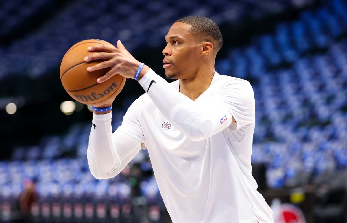 Apr 28, 2024; Dallas, Texas, USA; LA Clippers guard Russell Westbrook (0) warms up before the game against the Dallas Mavericks during game four of the first round for the 2024 NBA playoffs at American Airlines Center. Mandatory Credit: Kevin Jairaj-USA TODAY Sports