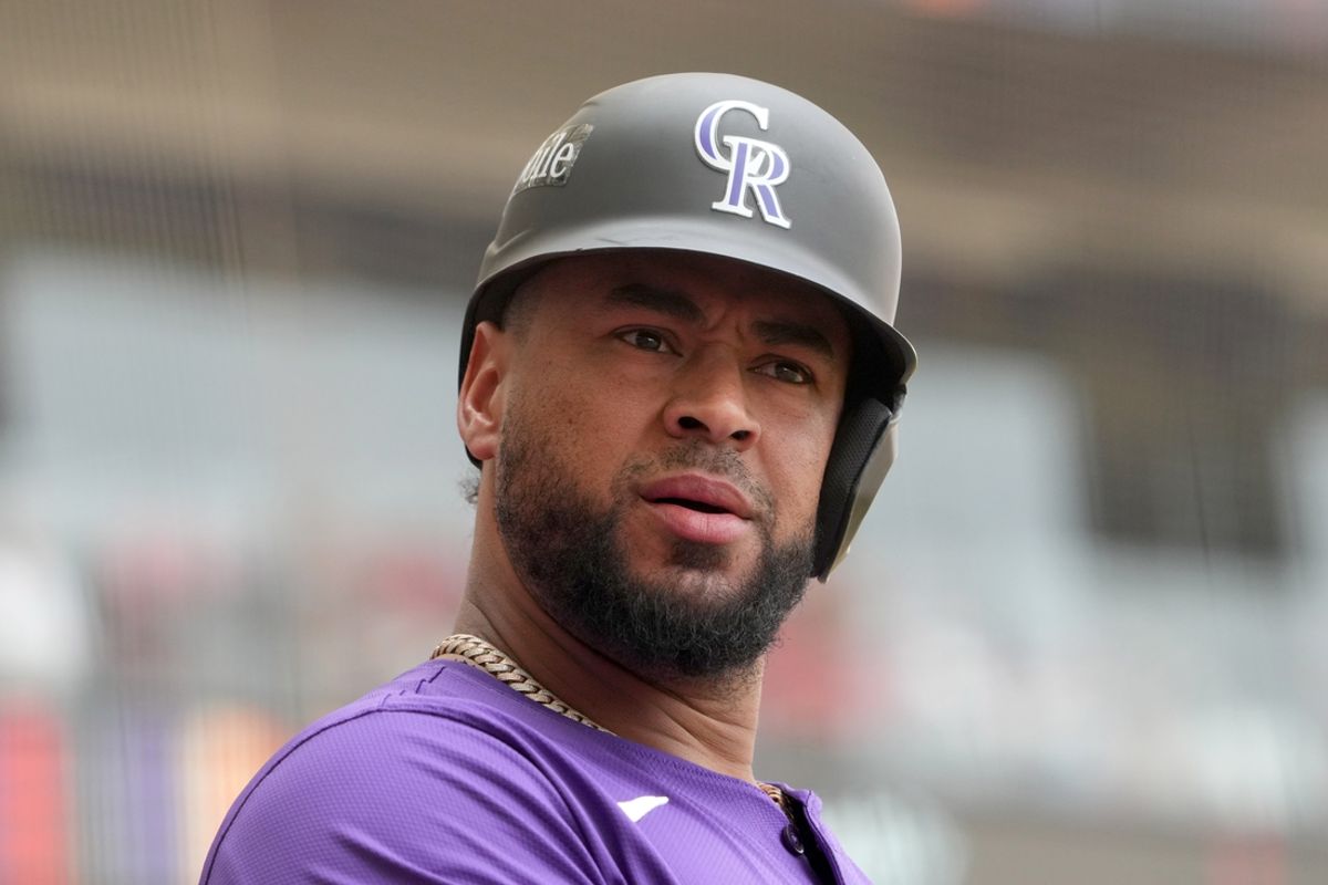 Apr 28, 2024; Mexico City, Mexico; Colorado Rockies designated hitter Elias Diaz (35) reacts during the MLB World Tour Mexico City Series game against the Houston Astros at Estadio Alfredo Harp Helu. Mandatory Credit: Kirby Lee-USA TODAY Sports