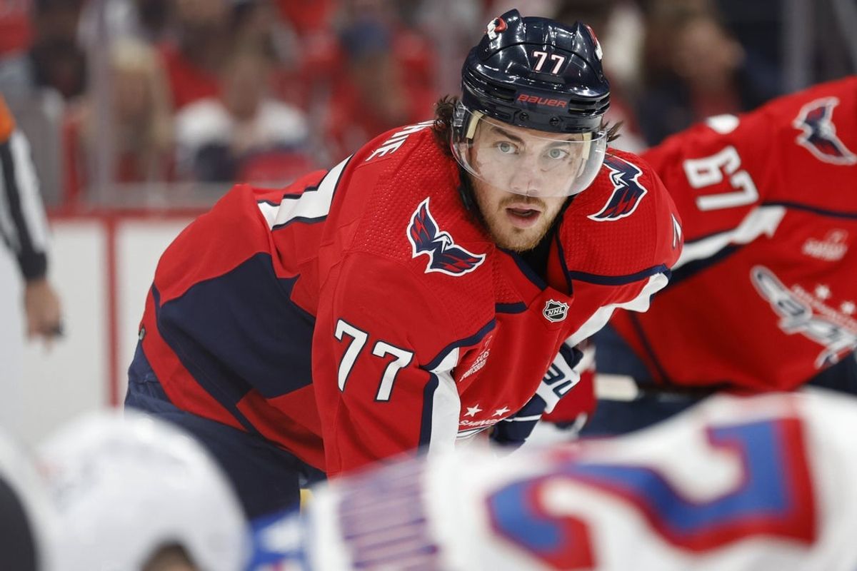 Apr 28, 2024; Washington, District of Columbia, USA; Washington Capitals right wing T.J. Oshie (77) lines up for a face-off against the New York Rangers in the second period in game four of the first round of the 2024 Stanley Cup Playoffs at Capital One Arena. Mandatory Credit: Geoff Burke-Imagn Images
