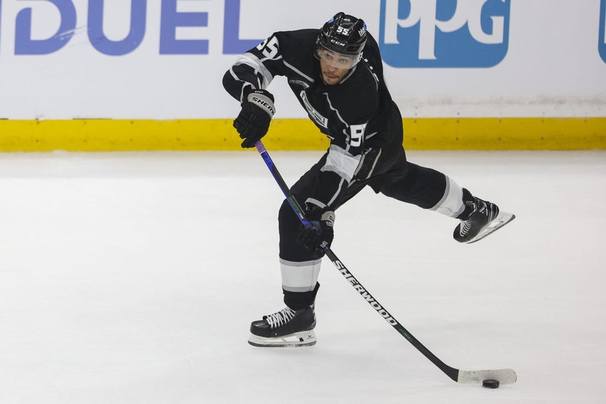 Apr 28, 2024; Los Angeles, California, USA; Los Angeles Kings center Quinton Byfield (55) takes a shot in the third period of game four of the first round of the 2024 Stanley Cup Playoffs against the Edmonton Oilers at Crypto.com Arena. Mandatory Credit: Yannick Peterhans-USA TODAY Sports