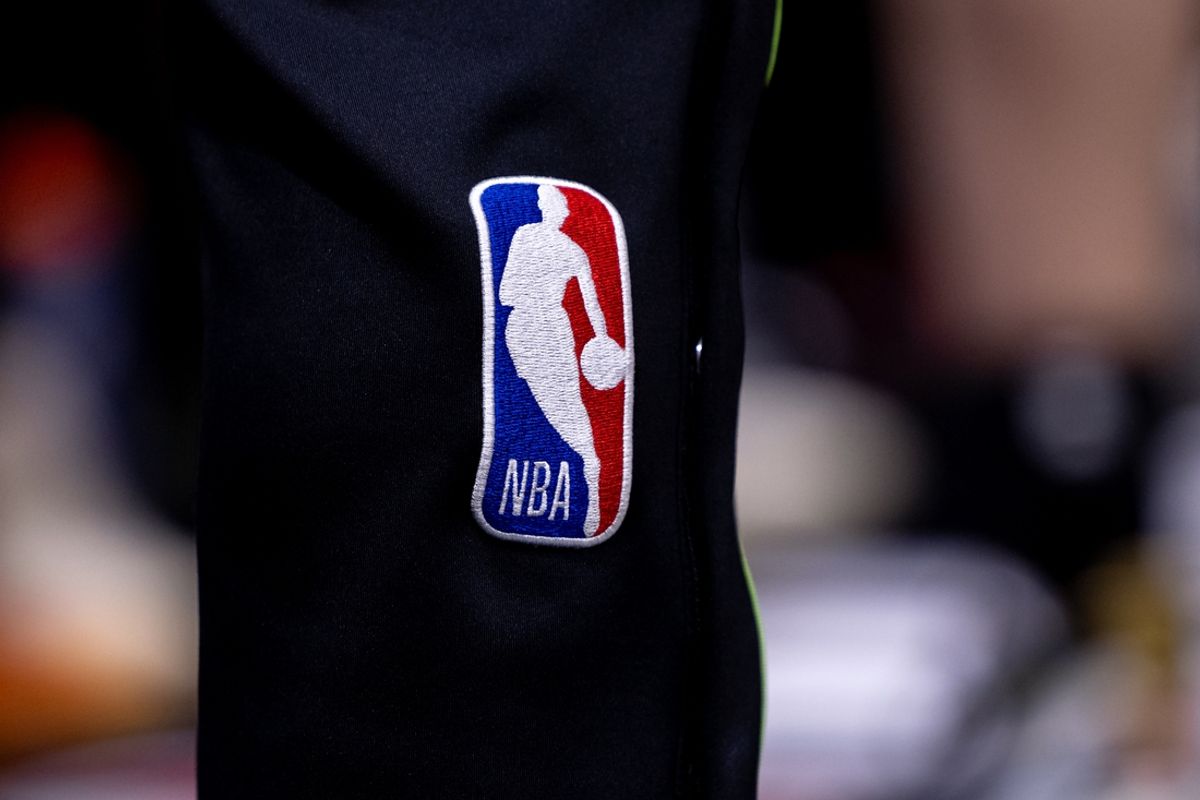 Apr 29, 2024; New Orleans, Louisiana, USA; Detailed view go the NBA logo between the New Orleans Pelicans and the Oklahoma City Thunder r during the second half of game four of the first round for the 2024 NBA playoffs at Smoothie King Center. Mandatory Credit: Stephen Lew-USA TODAY Sports