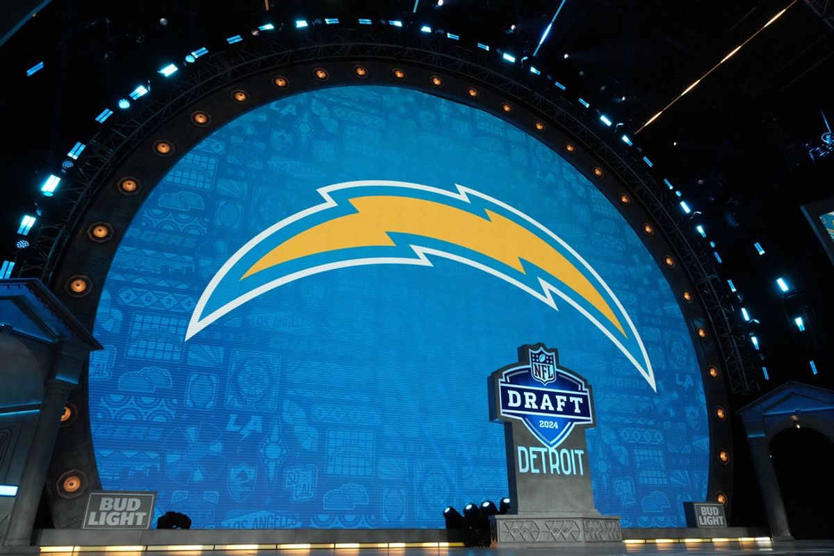 Apr 25, 2024; Detroit, MI, USA; A Los Angeles Chargers logo at the 2024 NFL Draft at Campus Martius Park and Hart Plaza. Mandatory Credit: Kirby Lee-USA TODAY Sports
