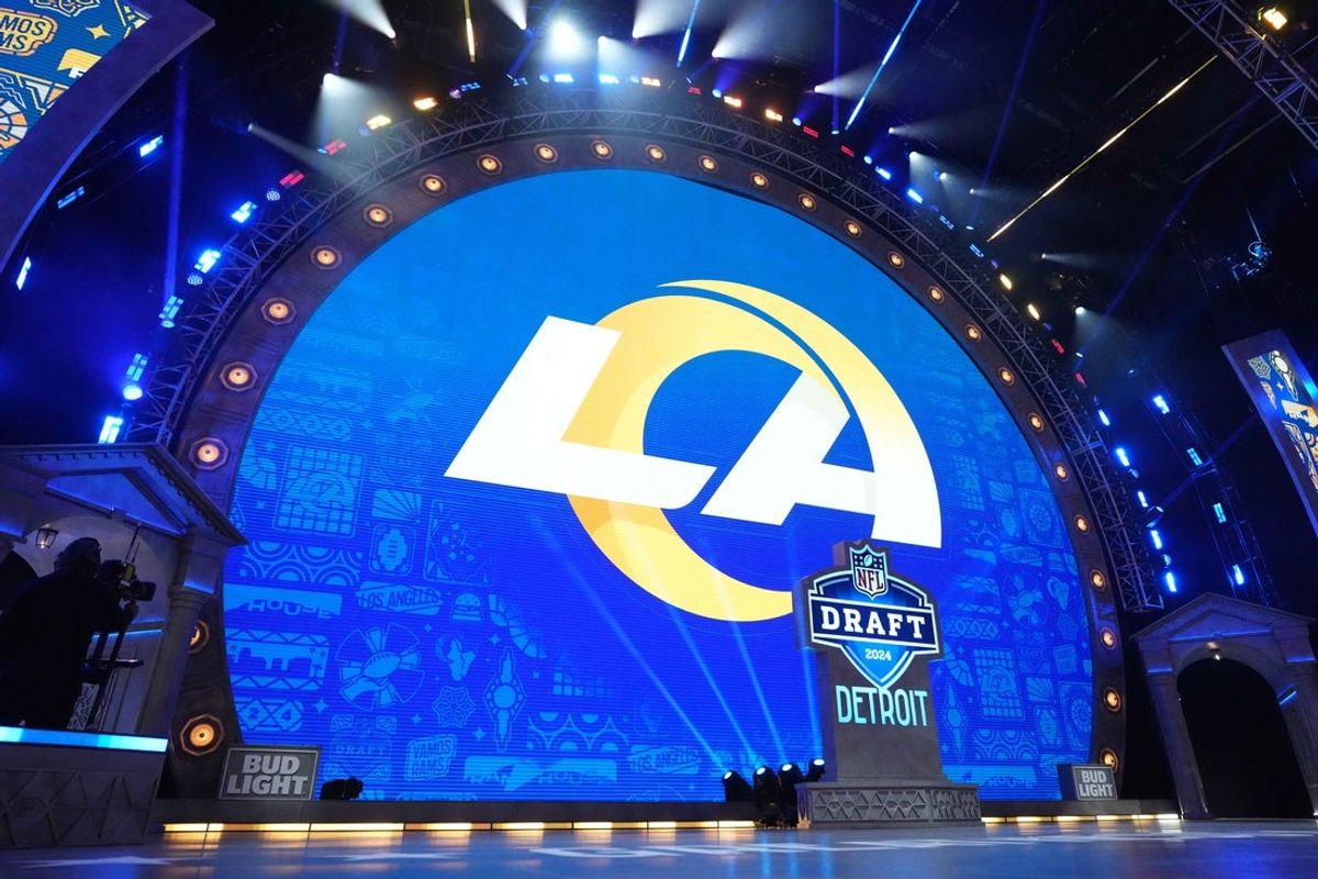 Apr 25, 2024; Detroit, MI, USA; A Los Angeles Rams logo at the 2024 NFL Draft at Campus Martius Park and Hart Plaza. Mandatory Credit: Kirby Lee-Imagn Images
