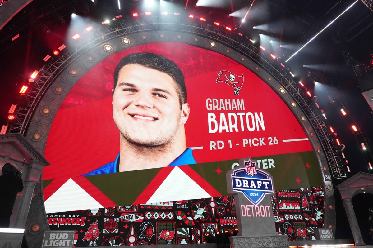 Apr 25, 2024; Detroit, MI, USA; Tampa Bay Buccaneers center Graham Barton is selected as the No. 26 pick of the first round by the Tampa Bay Buccaneers during the 2024 NFL Draft at Campus Martius Park and Hart Plaza. Mandatory Credit: Kirby Lee-USA TODAY Sports