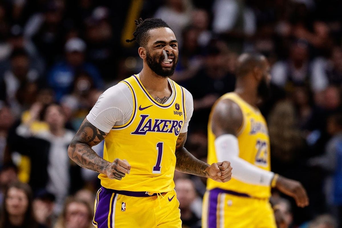 Apr 29, 2024; Denver, Colorado, USA; Los Angeles Lakers guard D'Angelo Russell (1) reacts after a play in the third quarter against the Denver Nuggets during game five of the first round for the 2024 NBA playoffs at Ball Arena. Mandatory Credit: Isaiah J. Downing-USA TODAY Sports