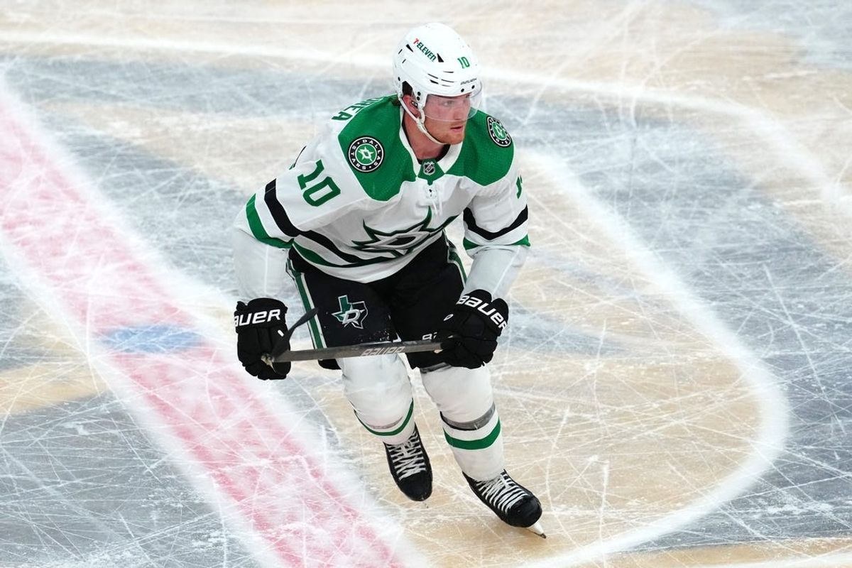 Apr 29, 2024; Las Vegas, Nevada, USA; Dallas Stars center Ty Dellandrea (10) skates against the Vegas Golden Knights during the third period of game four of the first round of the 2024 Stanley Cup Playoffs at T-Mobile Arena. Mandatory Credit: Stephen R. Sylvanie-USA TODAY Sports