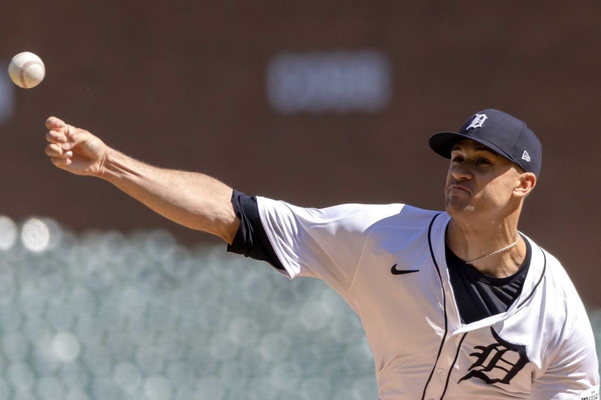 Apr 30, 2024; Detroit, Michigan, USA; Detroit Tigers starting pitcher Jack Flaherty (9) delivers against the St. Louis Cardinals in the first inning at Comerica Park. Mandatory Credit: David Reginek-USA TODAY Sports