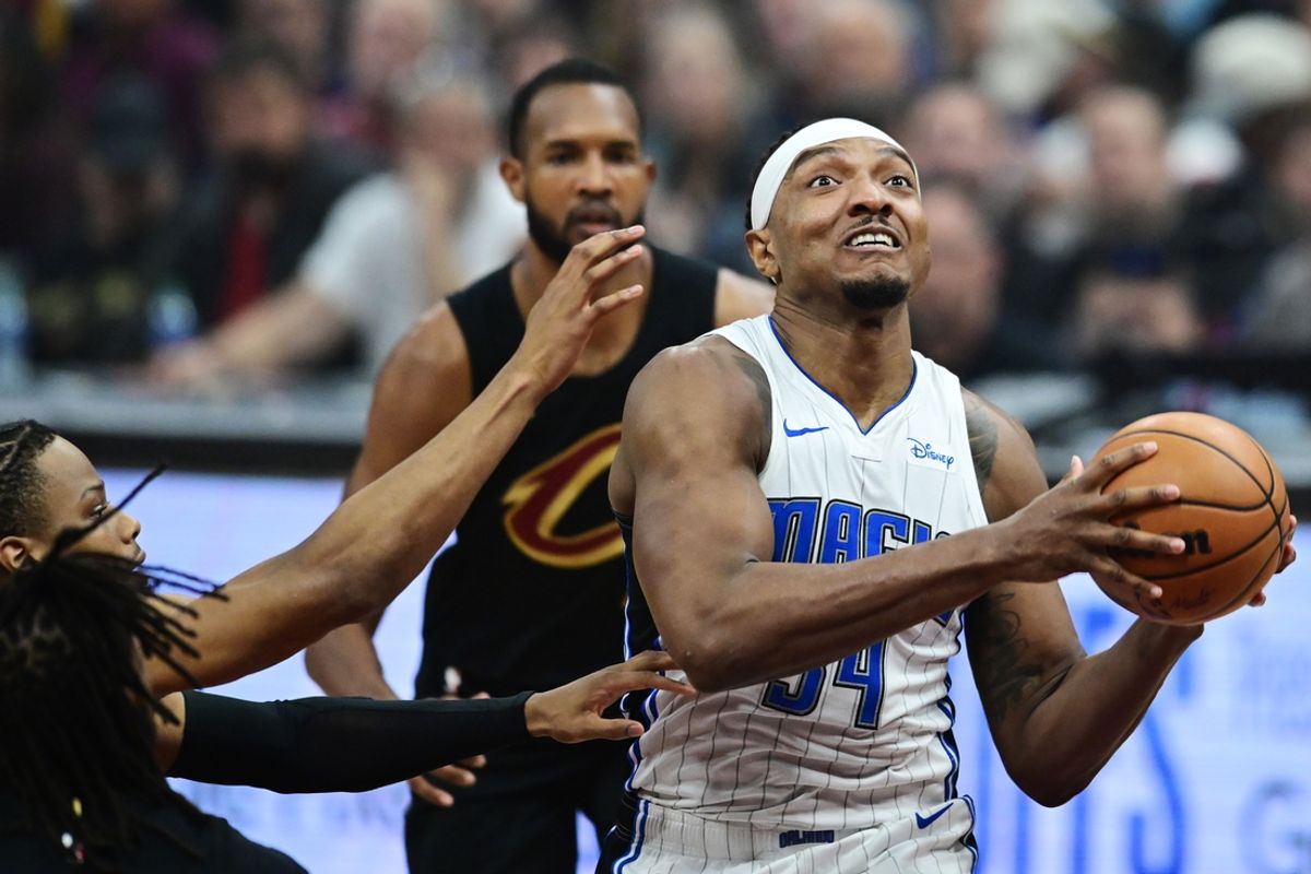 Apr 30, 2024; Cleveland, Ohio, USA; Orlando Magic center Wendell Carter Jr. (34) drives to the basket against the Cleveland Cavaliers during the first quarter in game five of the first round for the 2024 NBA playoffs at Rocket Mortgage FieldHouse. Mandatory Credit: Ken Blaze-Imagn Images