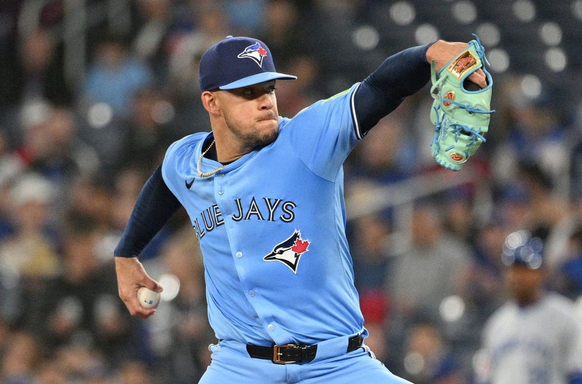 Apr 30, 2024; Toronto, Ontario, CAN;   Toronto Blue Jays starting pitcher Jose Berrios (17) delivers a pitch against the Kansas City Royals in the first inning at Rogers Centre. Mandatory Credit: Dan Hamilton-USA TODAY Sports