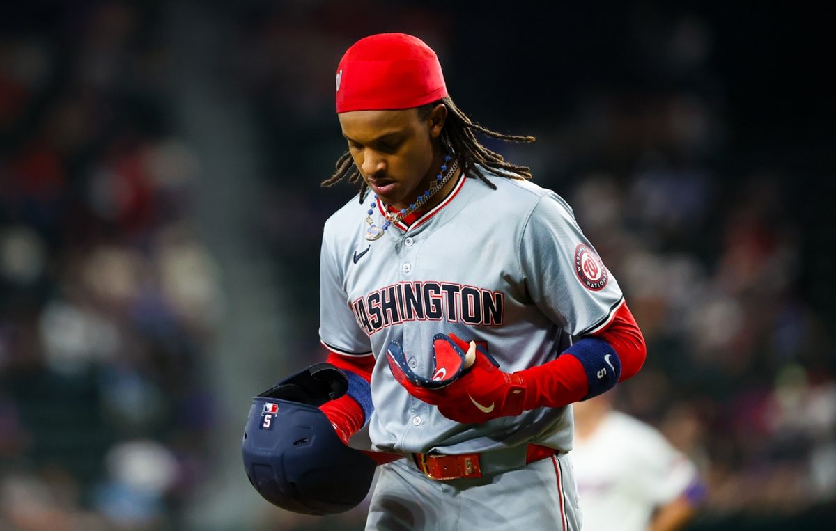 Apr 30, 2024; Arlington, Texas, USA;  Washington Nationals shortstop CJ Abrams (5) reacts during the ninth inning against the Texas Rangers at Globe Life Field. Mandatory Credit: Kevin Jairaj-Imagn Images