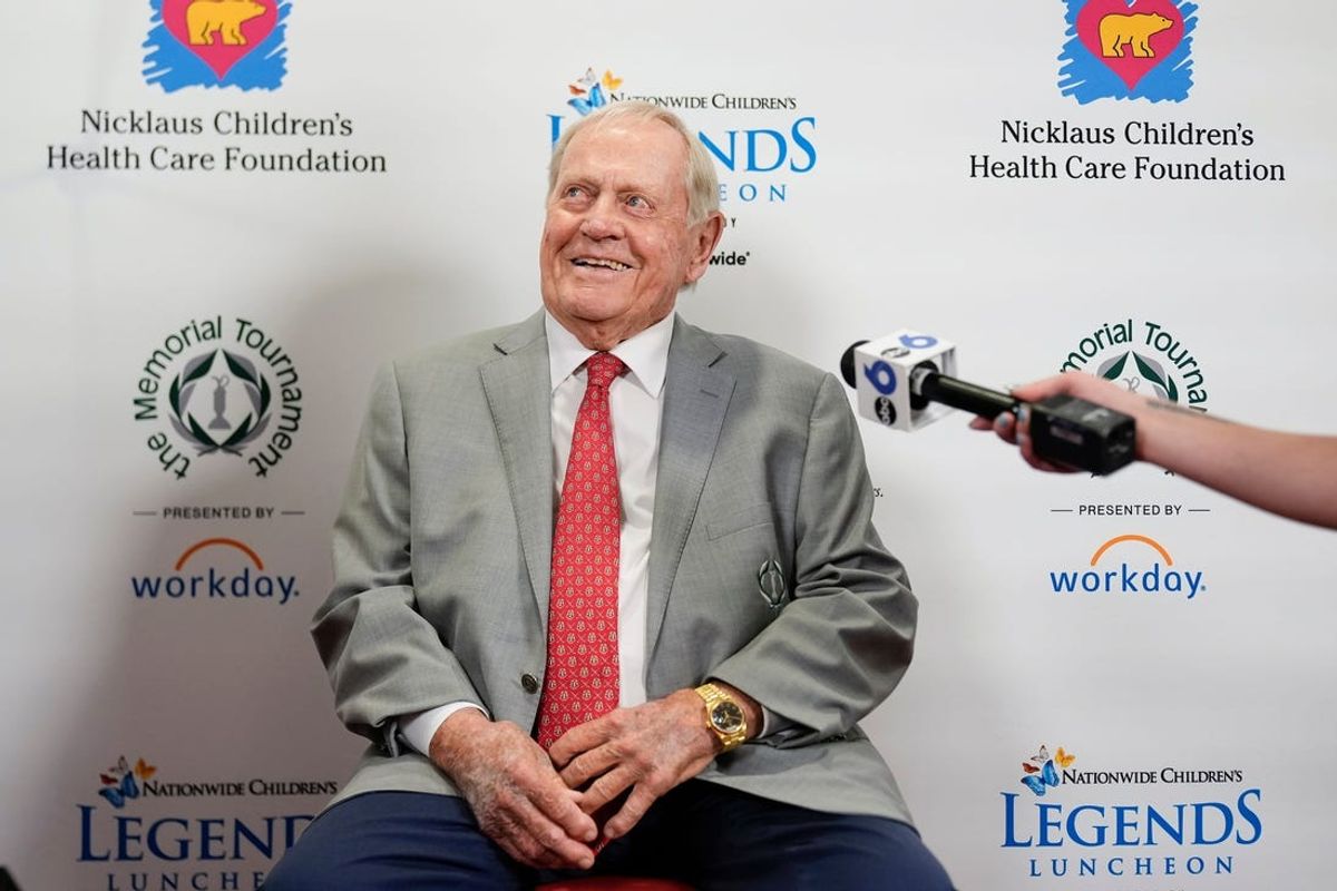 May 1, 2024; Columbus, OH, USA; Jack Nicklaus speaks to media following the Memorial Tournament Legends Luncheon at the Ohio Union. The PGA tournament is June 3-9 at Muirfield Village Golf Club in Dublin.