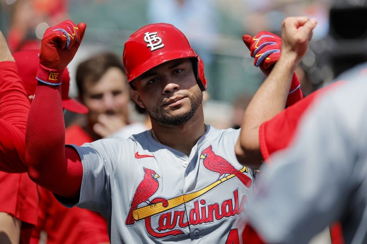 May 1, 2024; Detroit, Michigan, USA; St. Louis Cardinals catcher Willson Contreras (40) receives congratulations from teammates after he hit a home run in the fourth inning against the Detroit Tigers at Comerica Park. Mandatory Credit: Rick Osentoski-USA TODAY Sports