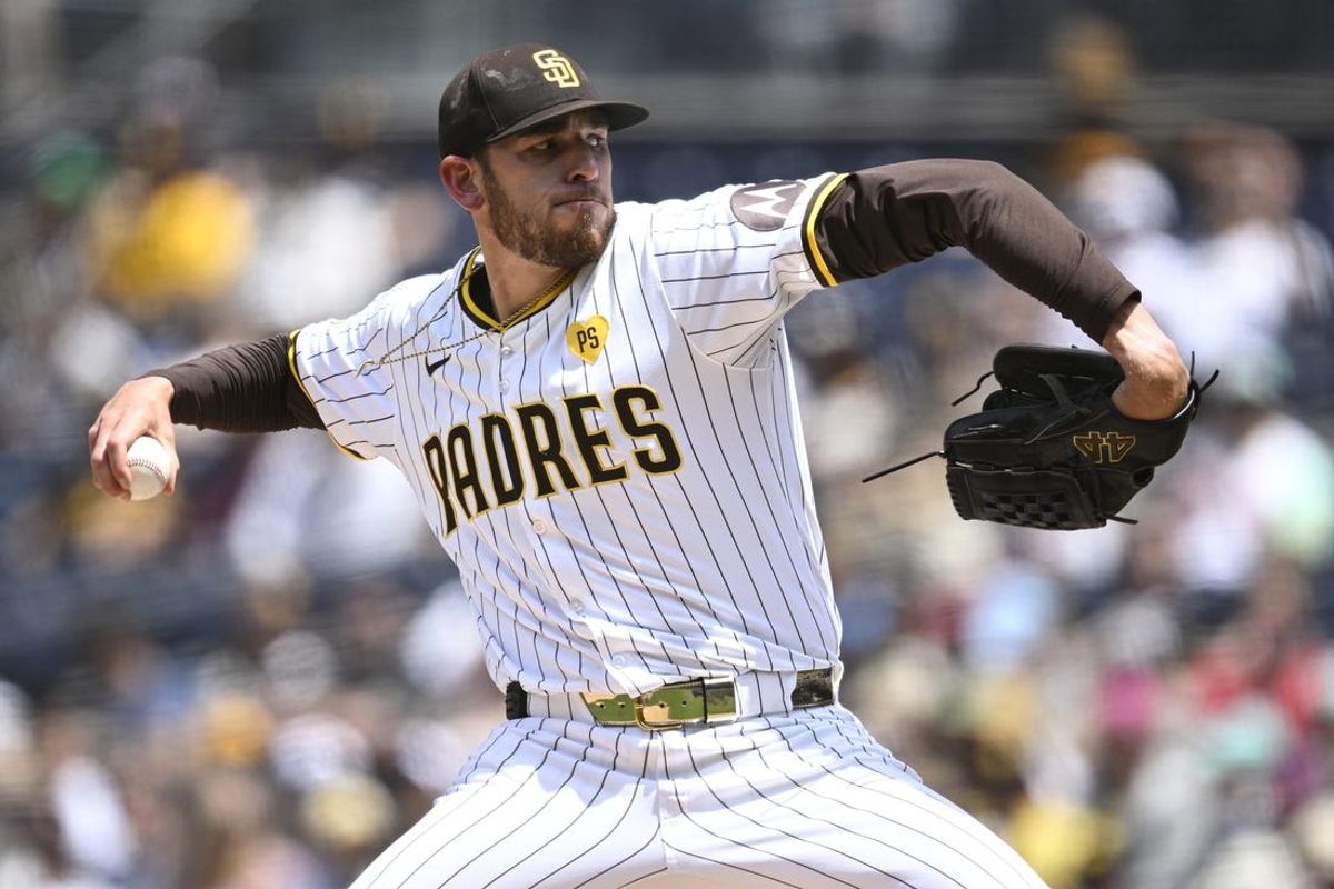 May 1, 2024; San Diego, California, USA; San Diego Padres starting pitcher Joe Musgrove (44) throws a pitch against the Cincinnati Reds during the first inning at Petco Park. Mandatory Credit: Orlando Ramirez-USA TODAY Sports