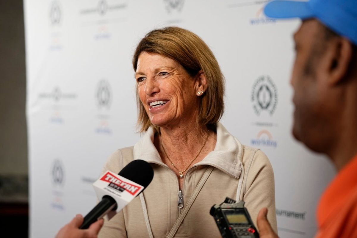 May 1, 2024; Columbus, OH, USA; 2024 Memorial Tournament Honoree Juli Inkster talks to media following the Memorial Tournament Legends Luncheon at the Ohio Union.