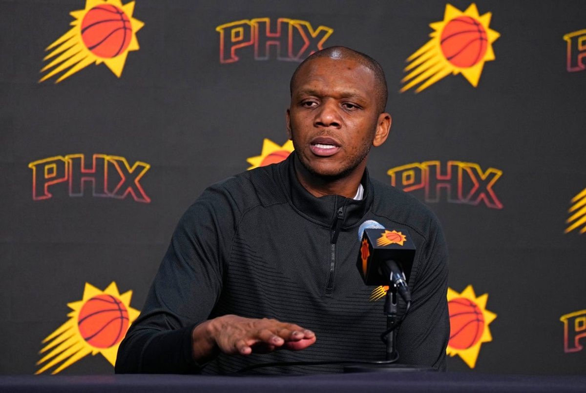 Suns GM James Jones speaks with the press during a press conference at the Footprint Center in Phoenix on May 1, 2024.