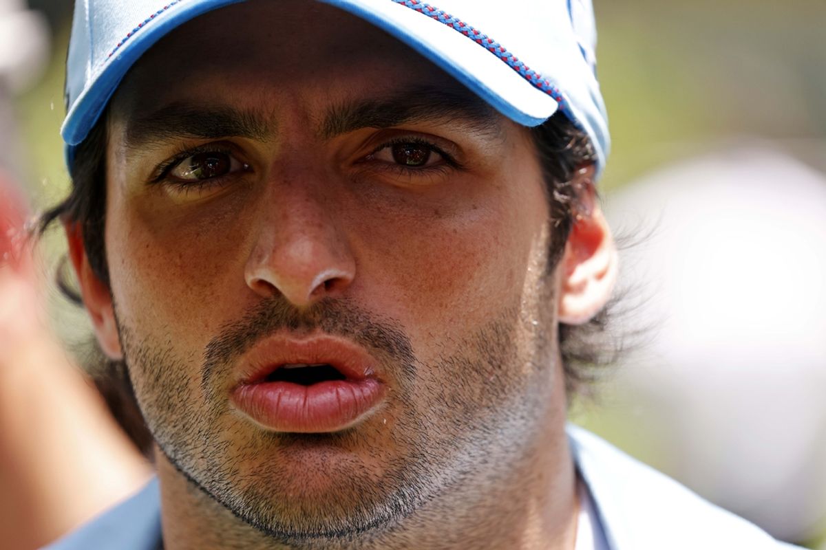 May 2, 2024; Miami Gardens, Florida, USA; Ferrari driver Carlos Sainz (55) talks to media in advance of the F1 Miami Grand Prix at the Miami International Autodrome. Mandatory Credit: Peter Casey-USA TODAY Sports