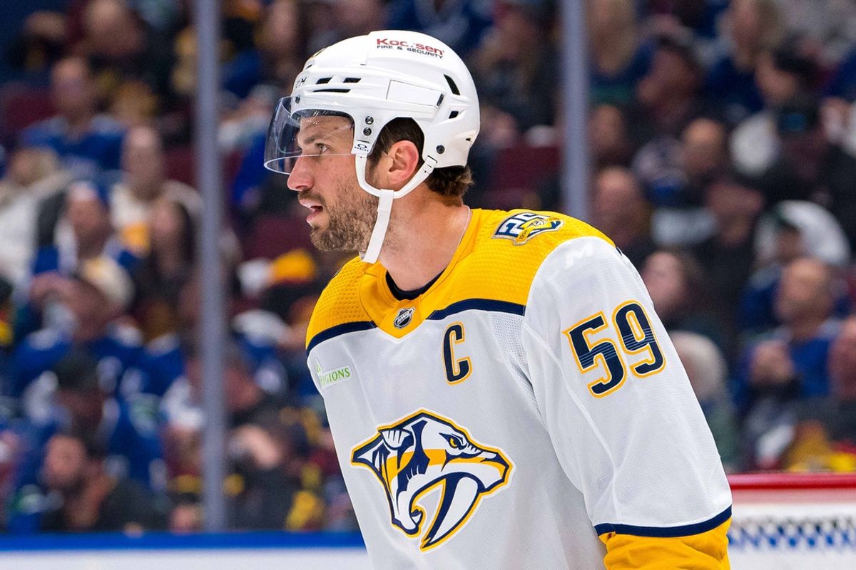 Apr 30, 2024; Vancouver, British Columbia, CAN; Nashville Predators defenseman Roman Josi (59) in a stop in play against the Vancouver Canucks during the second period in game five of the first round of the 2024 Stanley Cup Playoffs at Rogers Arena. Mandatory Credit: Bob Frid-Imagn Images
