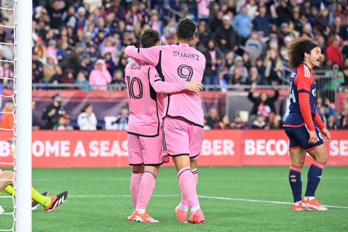 Apr 27, 2024; Foxborough, Massachusetts, USA; Inter Miami forward Lionel Messi (10) and forward Luis Suarez (9) celebrate a goal against the New England Revolution during the second half at Gillette Stadium. Mandatory Credit: Eric Canha-USA TODAY Sports
