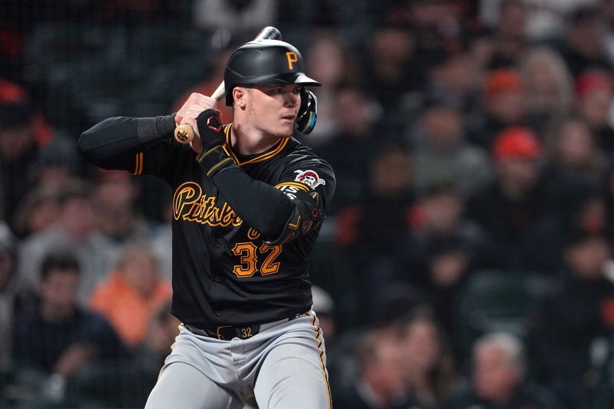 Apr 26, 2024; San Francisco, California, USA; Pittsburgh Pirates catcher Henry Davis (32) bats against the San Francisco Giants during the seventh inning at Oracle Park. Mandatory Credit: Darren Yamashita-USA TODAY Sports