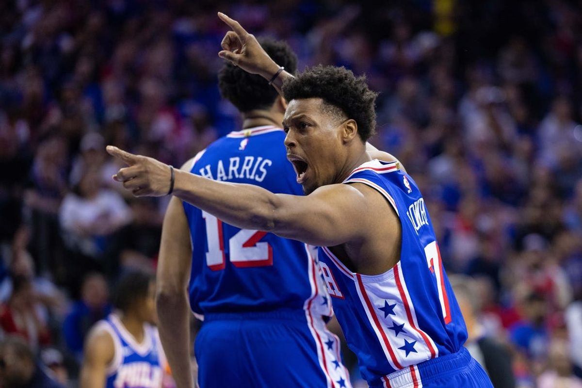 May 2, 2024; Philadelphia, Pennsylvania, USA; Philadelphia 76ers guard Kyle Lowry (7) reacts after a play against the New York Knicks during the first half of game six of the first round for the 2024 NBA playoffs at Wells Fargo Center. Mandatory Credit: Bill Streicher-USA TODAY Sports