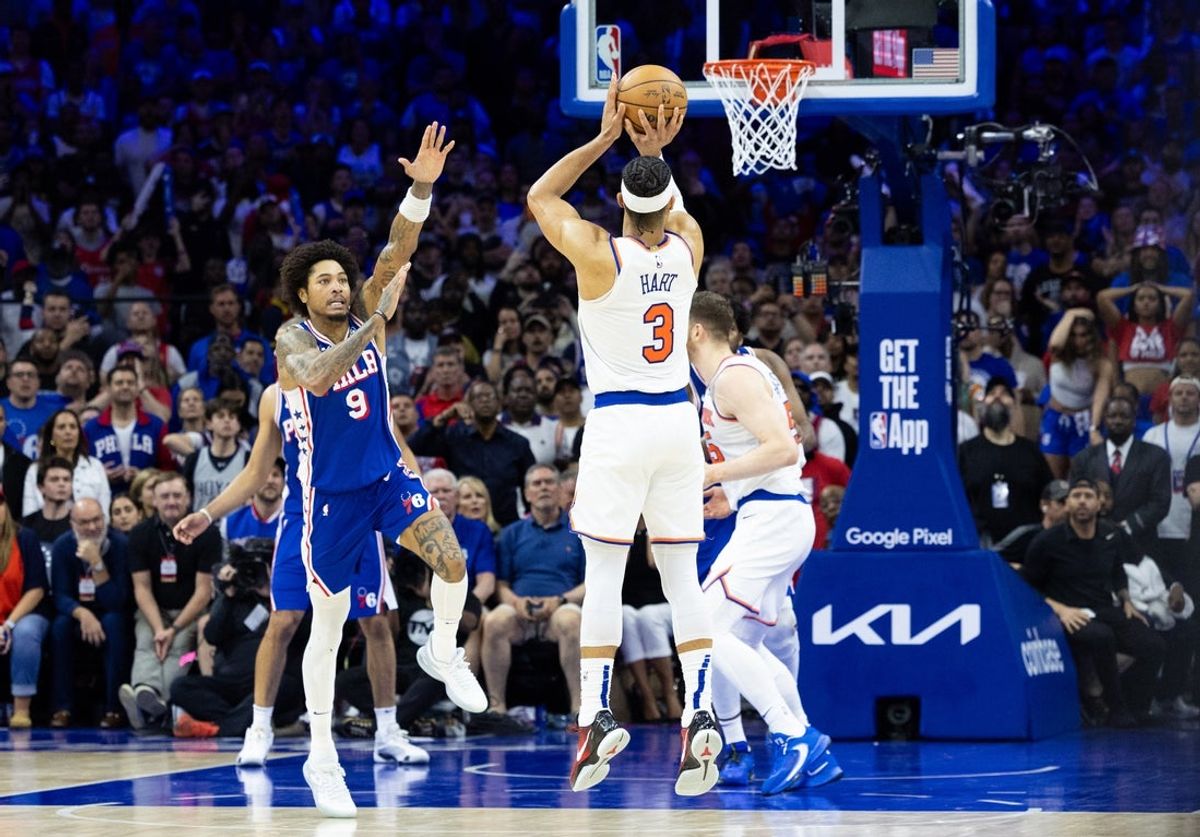 May 2, 2024; Philadelphia, Pennsylvania, USA; New York Knicks guard Josh Hart (3) scores a three pointer against the Philadelphia 76ers with 25 seconds to go in game six of the first round for the 2024 NBA playoffs at Wells Fargo Center. Mandatory Credit: Bill Streicher-Imagn Images