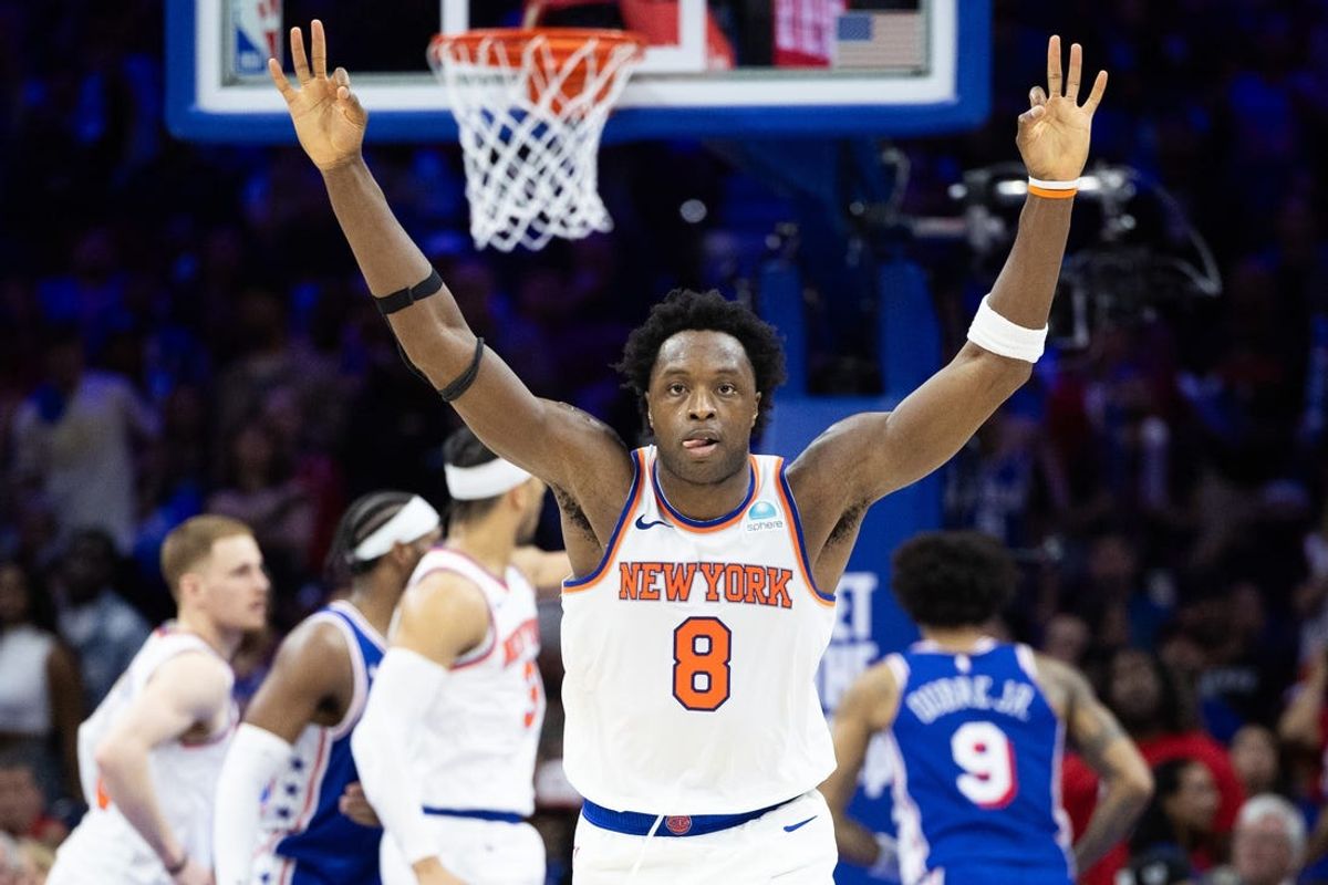 May 2, 2024; Philadelphia, Pennsylvania, USA; New York Knicks forward OG Anunoby (8) reacts to his three pointer against the Philadelphia 76ers during the second half of game six of the first round for the 2024 NBA playoffs at Wells Fargo Center. Mandatory Credit: Bill Streicher-USA TODAY Sports