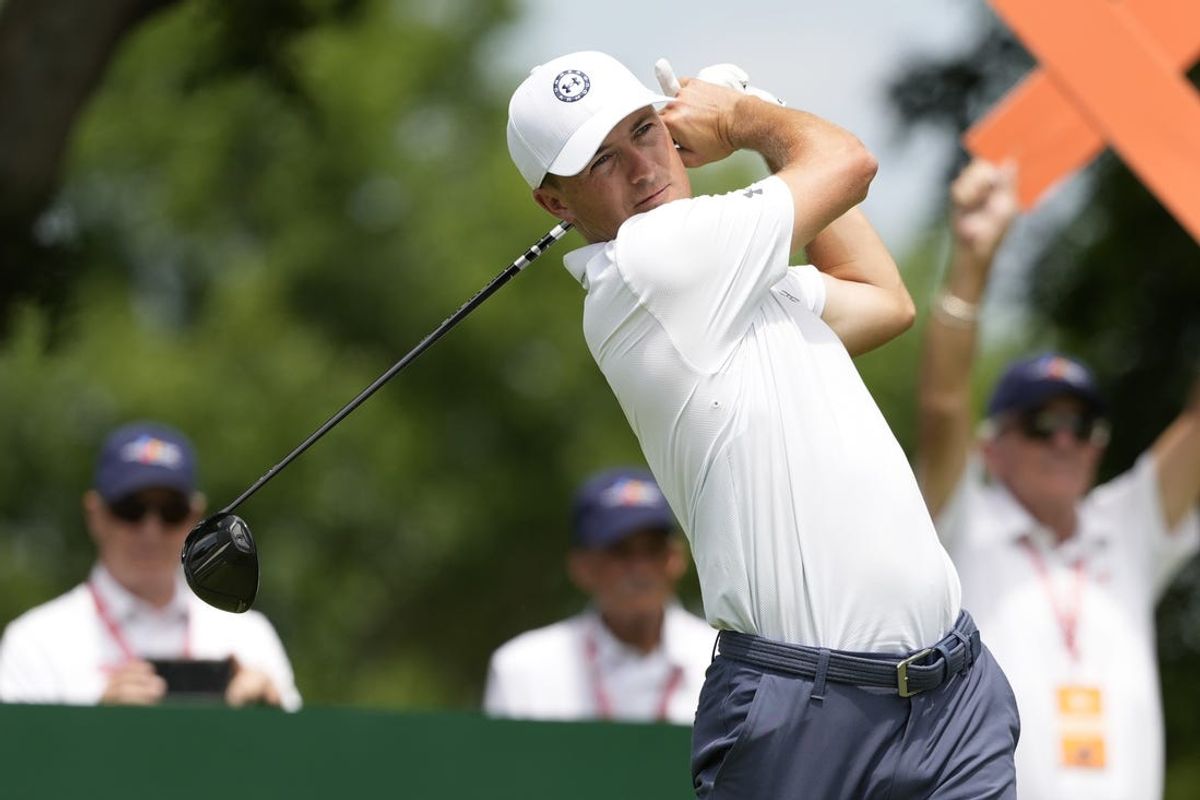 May 3, 2024; McKinney, Texas, USA; Jordan Spieth plays his shot from the second tee during the second round of THE CJ CUP Byron Nelson golf tournament. Mandatory Credit: Jim Cowsert-USA TODAY Sports