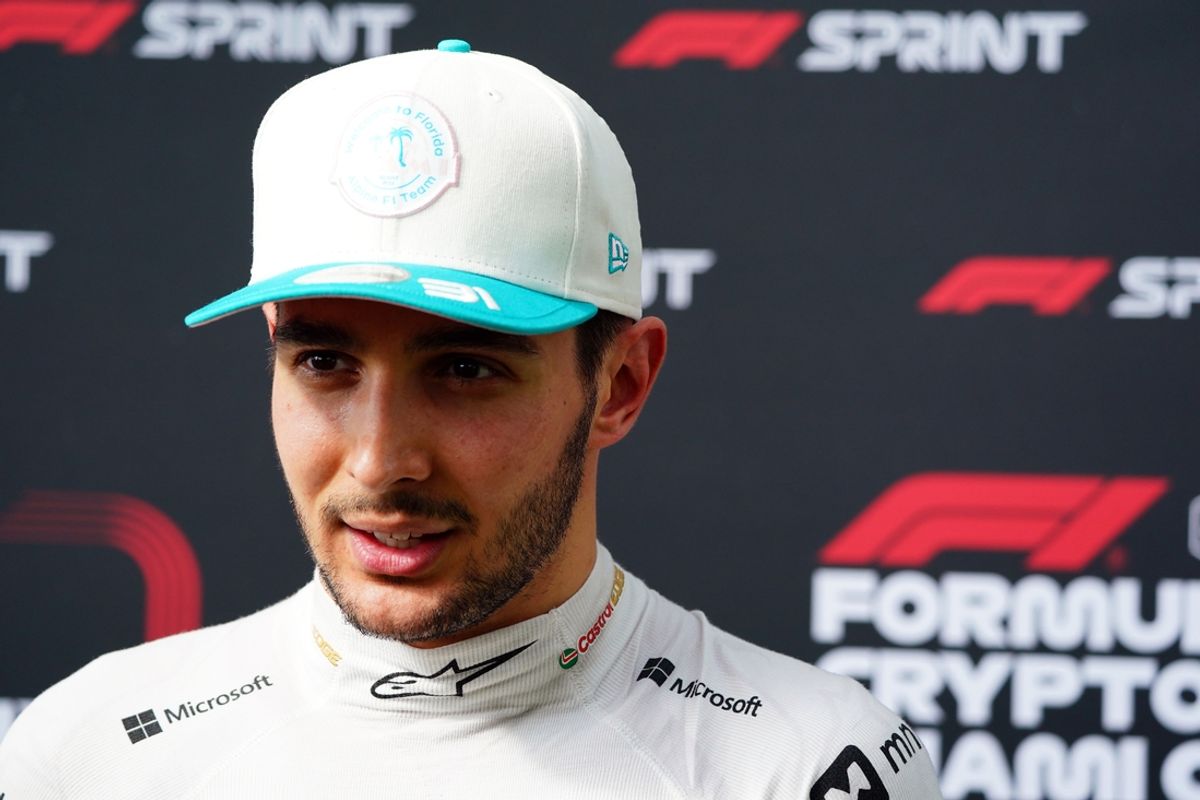 May 3, 2024; Miami Gardens, Florida, USA; Alpine driver Esteban Ocon (31) talks with the media after F1 Sprint Qualifying at Miami International Autodrome. Mandatory Credit: John David Mercer-USA TODAY Sports