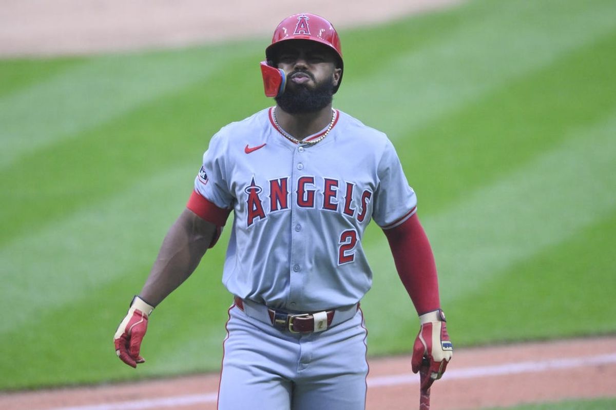 May 3, 2024; Cleveland, Ohio, USA; Los Angeles Angels second baseman Luis Rengifo (2) reacts after he was hit with a foul ball in the first inning against the Cleveland Guardians at Progressive Field. Mandatory Credit: David Richard-USA TODAY Sports