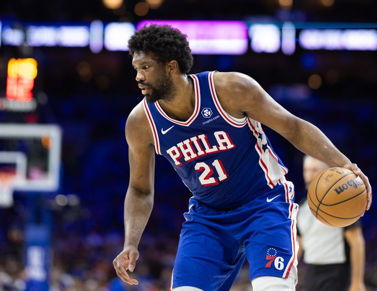 May 2, 2024; Philadelphia, Pennsylvania, USA; Philadelphia 76ers center Joel Embiid (21) in action against the New York Knicks during game six of the first round for the 2024 NBA playoffs at Wells Fargo Center. Mandatory Credit: Bill Streicher-USA TODAY Sports