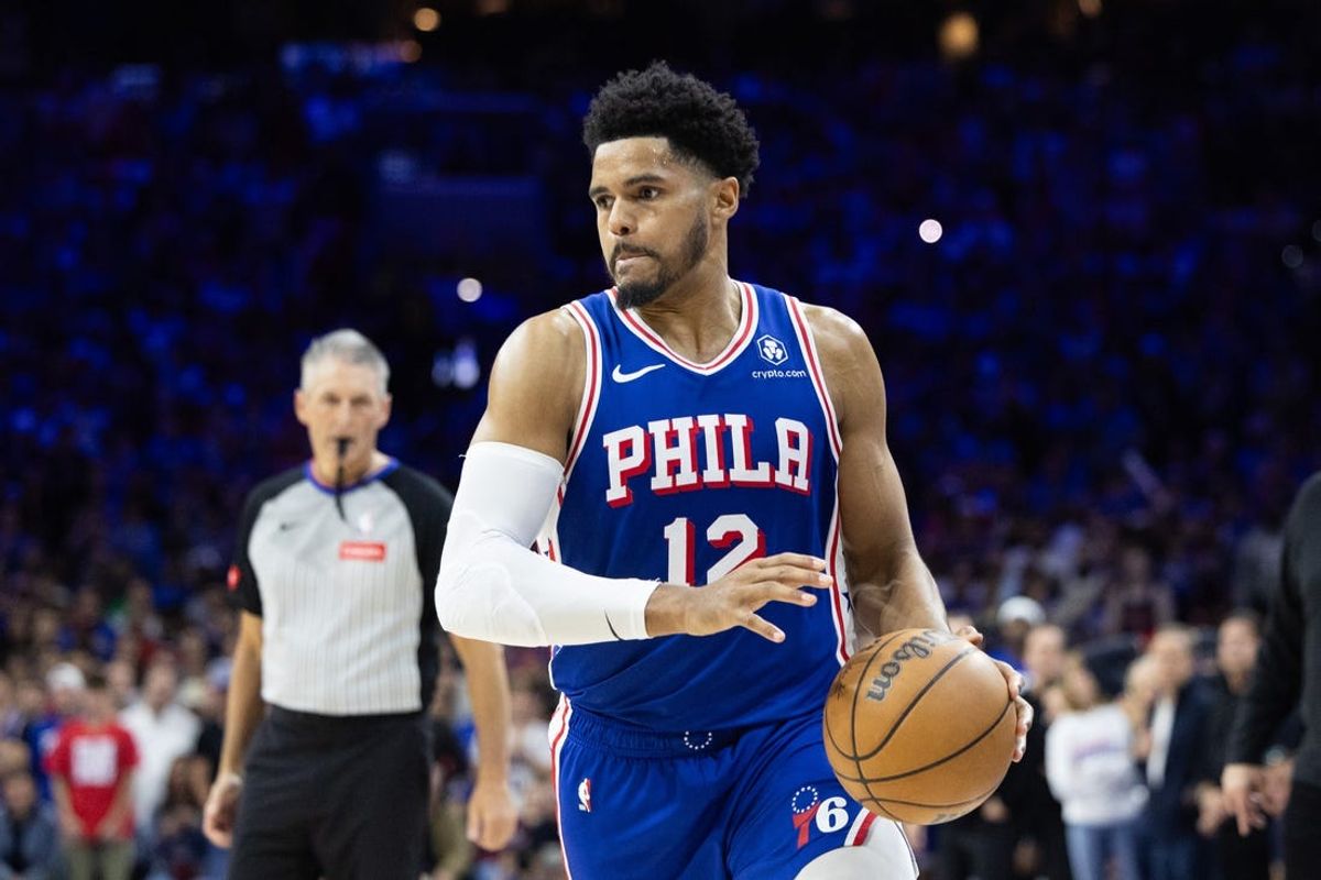 May 2, 2024; Philadelphia, Pennsylvania, USA; Philadelphia 76ers forward Tobias Harris (12) in action against the New York Knicks during game six of the first round for the 2024 NBA playoffs at Wells Fargo Center. Mandatory Credit: Bill Streicher-USA TODAY Sports