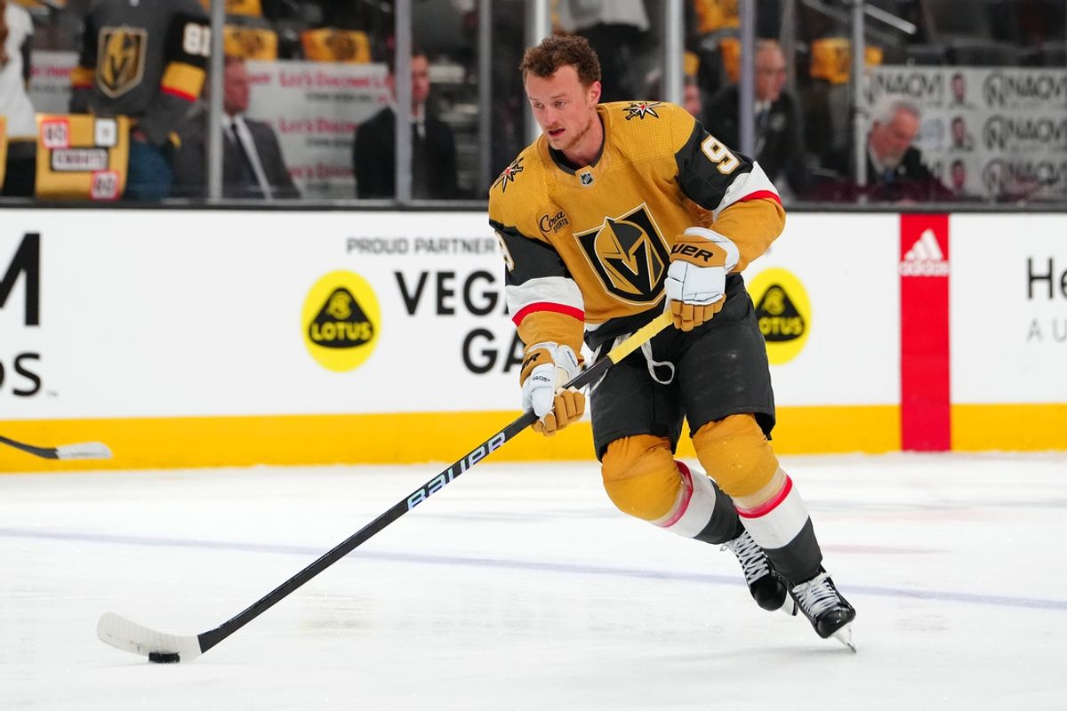 May 3, 2024; Las Vegas, Nevada, USA; Vegas Golden Knights center Jack Eichel (9) warms up before the start of game six against the Dallas Stars in the first round of the 2024 Stanley Cup Playoffs at T-Mobile Arena. Mandatory Credit: Stephen R. Sylvanie-Imagn Images