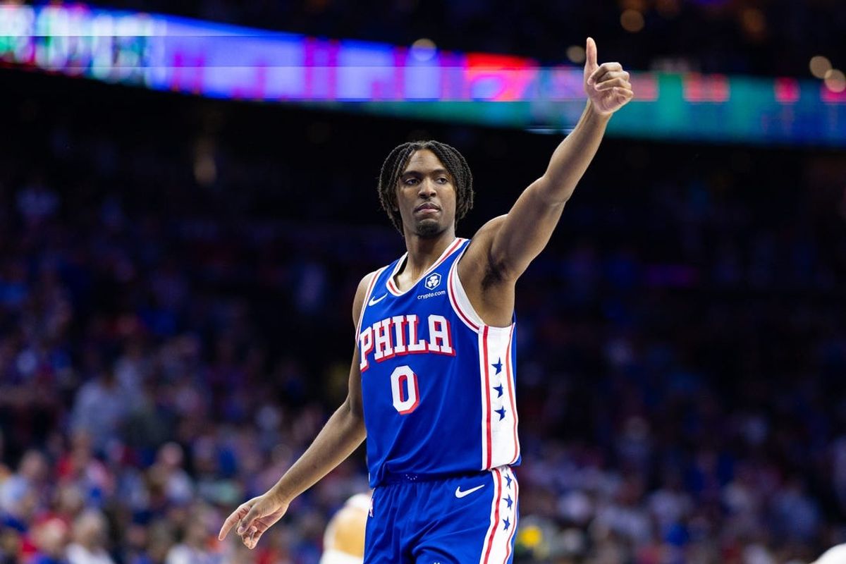 May 2, 2024; Philadelphia, Pennsylvania, USA; Philadelphia 76ers guard Tyrese Maxey (0) during game six of the first round for the 2024 NBA playoffs against the New York Knicks at Wells Fargo Center. Mandatory Credit: Bill Streicher-USA TODAY Sports