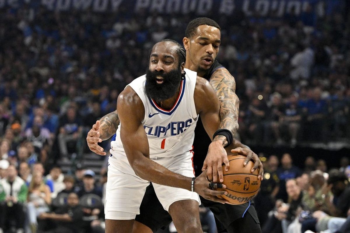 May 3, 2024; Dallas, Texas, USA; Dallas Mavericks forward P.J. Washington (25) knocks the ball away from LA Clippers guard James Harden (1) during the first quarter during game six of the first round for the 2024 NBA playoffs at American Airlines Center. Mandatory Credit: Jerome Miron-USA TODAY Sports